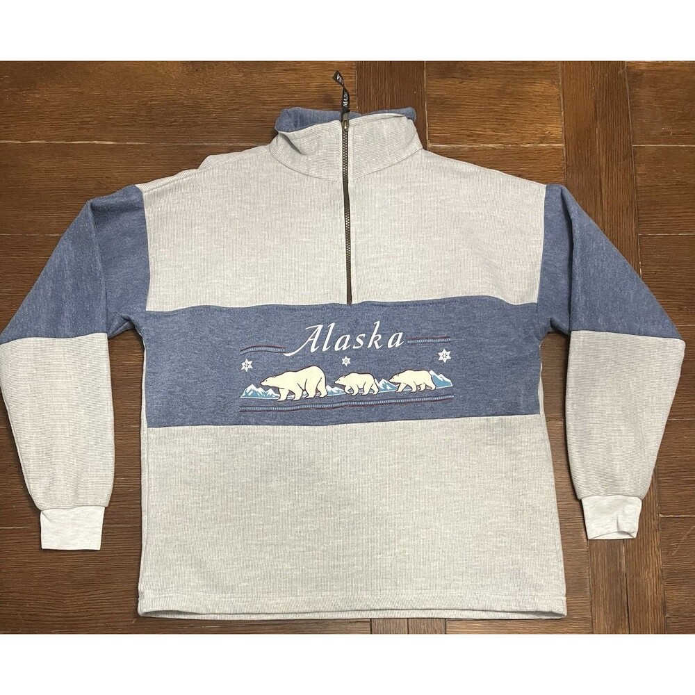 Vintage Made In USA Alaska Grey And Blue 1/4 Zip Jacket VTG Tourist Rare
